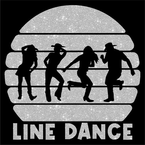 Glitzerdeals Bügelbilder Line Dance Kreis Line Dancer die tanzen und Schriftzug silber Glitzer Aufbügler für Textilien Karneval Kostüm Bügelflicken Fasching Bügelpatch von Glitzerdeals