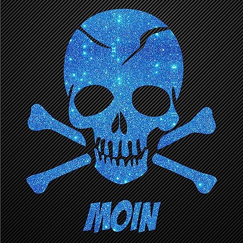 Glitzerdeals Bügelmotiv Aufbügler Totenkopf mit Knochen und Moin Schriftzug Bügelbild Glitter Totenköpfe Bügelmotiv Schädel skull iron on design skull with bones blau klein von Glitzerdeals