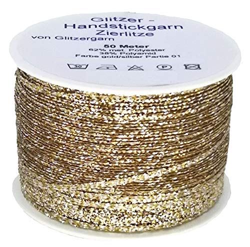 Glitzer-Handstickgarn (Zierlitze) auf 50 Meter Spulen in der Farbe Gold/Silber von Glitzergarn