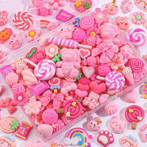 100 Stück mattierte rosa Schleim-Charms, verschiedene süße Dekoden-Verzierungen, Kawaii-Schleim-Zubehör, Süßigkeiten-Herz-Bär, Großpackung mit flacher Rückseite, Harz-Anhänger für Handyhüllen von Glitzest