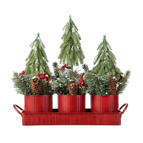 Glitzhome Weihnachtliche Metall-Topf-Dreifach-Bäume, Tafelaufsatz, 53,3 cm, rustikale Tischdekoration mit Tannenzapfen und Beeren, für den Innenbereich, Urlaubsdekoration für Zuhause, Party und von Glitzhome