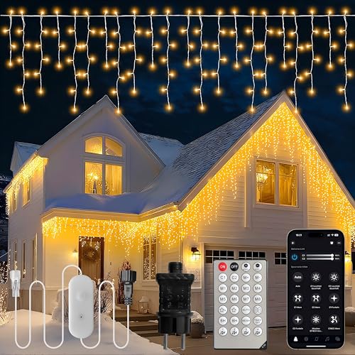 Gliztech Eisregen Lichterkette Außen 9M, IP44 Wasserdicht LED Weihnachtsbeleuchtung Außen/Innen Eisregen für Weihnachten, Garten Balkon, Party, Traufe, Geländer (Warmweiß, 9M) von Gliztech