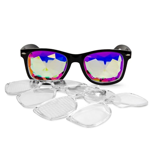 GloFX Druckknöpfe: Beugungs-Rave-Brille | Schwarze magnetische Schnapprahmen mit Linie, Herz, Spirale, Stern und Kaleidoskop-Linsen | 3D-Prismen- und Kaleidoskop-Brille in einem für Raves, Festivals von GloFX