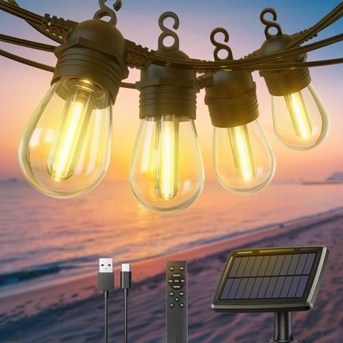 GlobaLink Lichterkette Außen Solar, 30+2 LED 30,5M Lichterkette Glühbirnen mit USB-/Solar-Lademethode, 4 Modi mit Fernbedienung Dimmbar IP65 Wasserdicht für Garten,Balkon,Party,Terrasse Deko Outdoor von GlobaLink