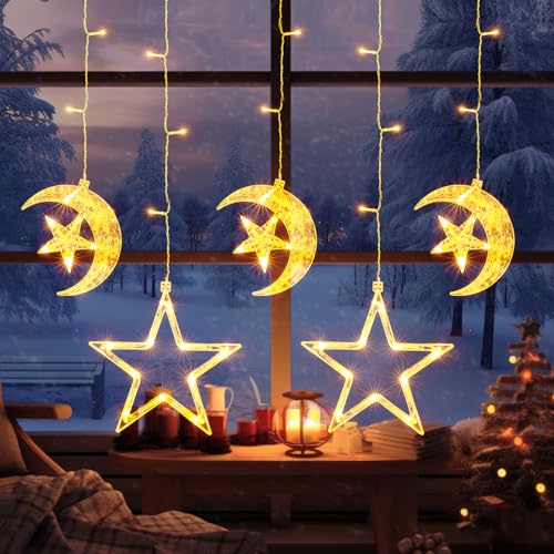 GlobaLink Sternenmond Lichtervorhang, Sternenvorhang 69LEDs Weihnachtsdeko Fenster 8 Modi mit Timer Batteriebetrieben für den Innen- und Außenbereich Ramadan Kinderzimmer Schlafzimmer Hochzeit von GlobaLink