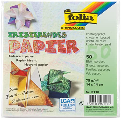 Global Art Folia Origami-Papier mit Kristallprägung, 50 Blatt Packung, 13,8 x 13,7 cm, 10 Verschiedene schillernde Farben von folia