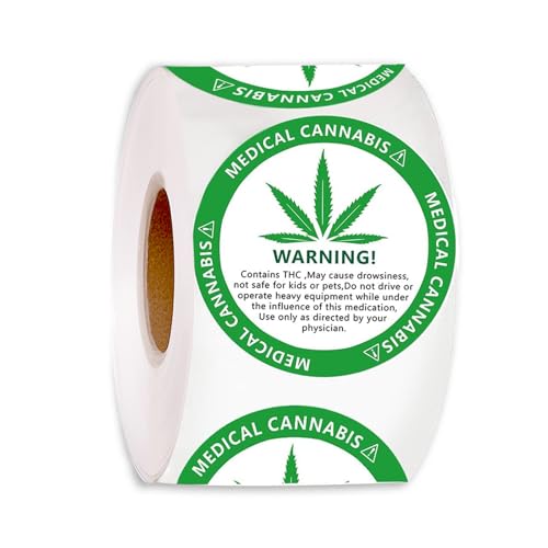 THC-Warnaufkleber – 1,5" Runde Klebeetiketten für Cannabis – Für Beutel, Gläser, Phiolen & Behälter – Medizinisches Marihuana Sicherheitsetikett – Leicht abziehbare Rolle, 500 Stück(Grün) von Global-Daily