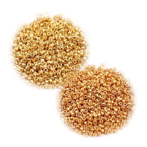 Glasperlen in verschiedenen Farben, 2 mm, kleine metallische Glasperlen, lose Abstandshalter für Bastelarbeiten, Perlen, goldfarben, 2 Packungen, 1440 Stück von Globellapro