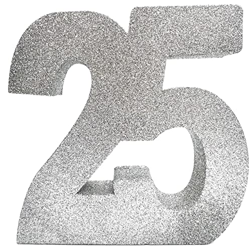 XXL Tischdeko * ZAHL 25 SILBER * als Dekoration zum 25. Geburtstag, Jubiläum und Silberhochzeit | rundum mit Silber-Glitzer, 20x20x3cm | Glitter Deko von Globos Europe