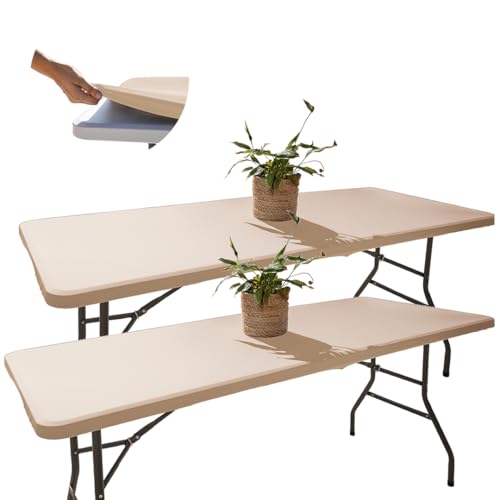 2 Tischdecken Abwaschbar 182x76, Beige, Rechteckig, Wasserabweisend und Elastisch, Tischdecke mit Gummizug, Outdoor-tischdecke, Camping und Esszimmer, Tischdecke Hochzeit und Terrasse von Glop