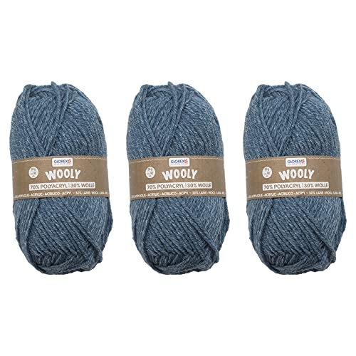 GLOREX 5 1002 50 - 3er Set Strickgarn Wooly aus 70 % Acryl & 30 % Wolle, je 50 g blau meliert, sehr weich, wärmend, angenehm zu tragen von Glorex