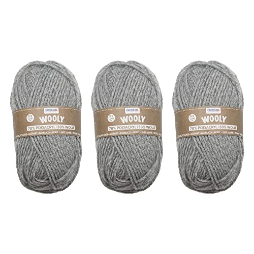 GLOREX 5 1002 51 - 3er Set Strickgarn Wooly aus 70 % Acryl & 30 % Wolle, je 50 g grau meliert, sehr weich, wärmend, angenehm zu tragen von Glorex