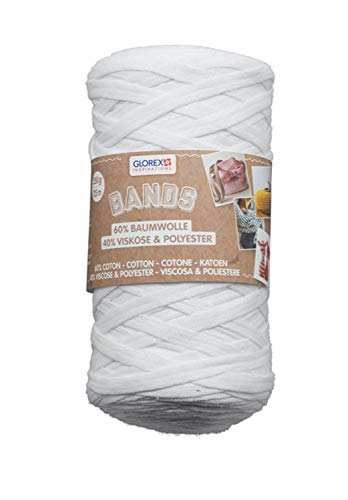 GLOREX 5 1005 00 - Bands Makramee, superweiches Textilgarn aus 60 % Baumwolle / 40 % Viskose, zum Häkeln, Stricken, Knüpfen und textilen Gestalten, 250 g, ca. 125 m, weiß von Glorex