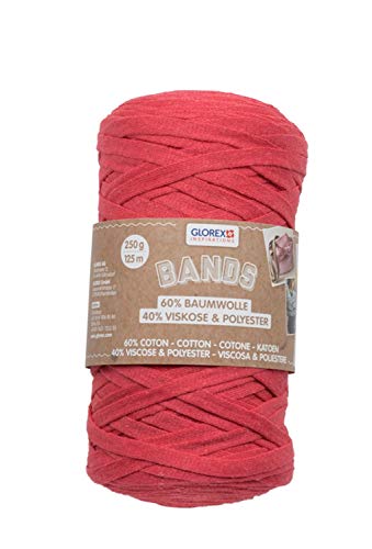 GLOREX 5 1005 01 - Bands Makramee, superweiches Textilgarn aus 60 % Baumwolle / 40 % Viskose, zum Häkeln, Stricken, Knüpfen und textilen Gestalten, 250 g, ca. 125 m, rot von Glorex