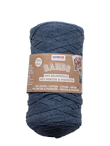 GLOREX 5 1005 02 - Bands Makramee, superweiches Textilgarn aus 60 % Baumwolle / 40 % Viskose, zum Häkeln, Stricken, Knüpfen und textilen Gestalten, 250 g, ca. 125 m, blau von Glorex