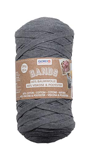 GLOREX 5 1005 05 - Bands Makramee, superweiches Textilgarn aus 60 % Baumwolle / 40 % Viskose, zum Häkeln, Stricken, Knüpfen und textilen Gestalten, 250 g, ca. 125 m, grau von Glorex