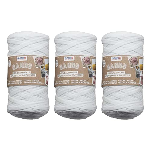 GLOREX 5 1005 50 - 3er Set Bands Makramee aus 60 % Baumwolle & 40 % Viskose, je 250 g in Weiss, ca. 125 m superweiches Textilgarn von Glorex