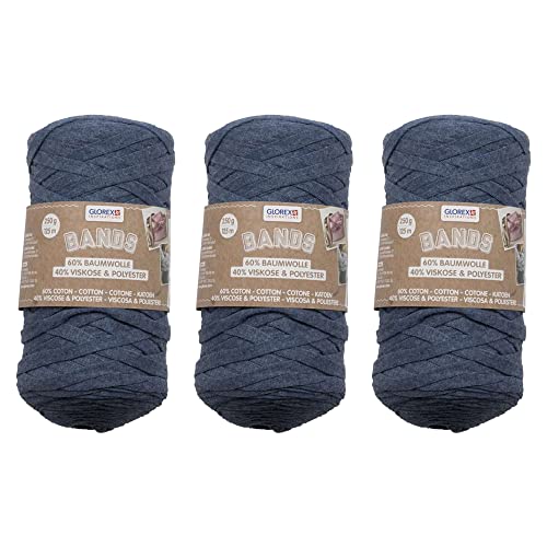 GLOREX 5 1005 51 - 3er Set Bands Makramee aus 60 % Baumwolle & 40 % Viskose, je 250 g in Blau, ca. 125 m superweiches Textilgarn von Glorex