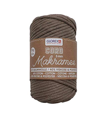 GLOREX 5 1006 03 - Makramee Cord 3 mm, superweiches Textilgarn aus 60 % Baumwolle / 40 % Viskose, zum Häkeln, Stricken, Knüpfen und textilen Gestalten, 250 g, ca. 85 m, gewebt hellbraun von Glorex
