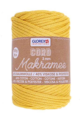 GLOREX 5 1006 07 - Makramee Cord, 250 g, 3 mm, Länge 70 m, senfgelb, dreifachgedrehtes Baumwollgarn, 60 % Baumwolle, 40 % Viskose und Polyester, zum Häkeln, Stricken, Knüpfen und Gestalten von Glorex