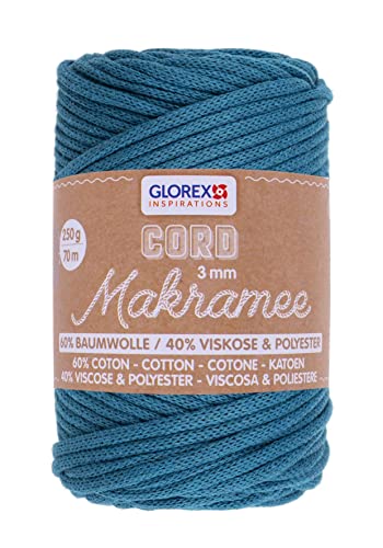 GLOREX 5 1006 09 - Makramee Cord, 250 g, 3 mm, Länge 70 m, türkis, dreifachgedrehtes Baumwollgarn, 60 % Baumwolle, 40 % Viskose und Polyester, zum Häkeln, Stricken, Knüpfen und Gestalten von Glorex