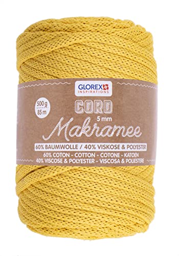 GLOREX 5 1006 17 - Makramee Cord, 500 g, 5 mm, Länge 85 m, senfgelb, rundgestricktes Textilgarn aus 60 % Baumwolle, 40 % Viskose und Polyester, zum Häkeln, Stricken, Knüpfen und Gestalten GLOREX 5 1006 17 - Makramee Cord, 500 g, 5 mm, Länge 85 m, senfgelb, rundgestricktes Textilgarn aus 60 % Baumwolle, 40 % Viskose und Polyester, zum Häkeln, Stricken, Knüpfen und Gestalten von GLOREX