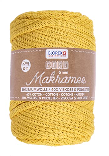 GLOREX 5 1006 17 - Makramee Cord, 500 g, 5 mm, Länge 85 m, senfgelb, rundgestricktes Textilgarn aus 60 % Baumwolle, 40 % Viskose und Polyester, zum Häkeln, Stricken, Knüpfen und Gestalten von Glorex