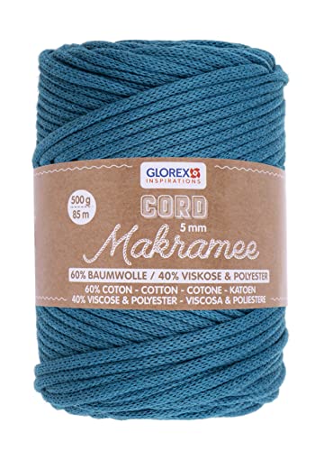 GLOREX 5 1006 19 - Makramee Cord, 500 g, 5 mm, Länge 85 m, türkis, rundgestricktes Textilgarn aus 60 % Baumwolle, 40 % Viskose und Polyester, zum Häkeln, Stricken, Knüpfen und Gestalten GLOREX 5 1006 19 - Makramee Cord, 500 g, 5 mm, Länge 85 m, türkis, rundgestricktes Textilgarn aus 60 % Baumwolle, 40 % Viskose und Polyester, zum Häkeln, Stricken, Knüpfen und Gestalten von GLOREX