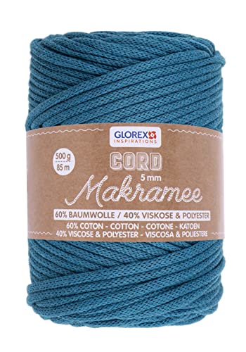 GLOREX 5 1006 19 - Makramee Cord, 500 g, 5 mm, Länge 85 m, türkis, rundgestricktes Textilgarn aus 60 % Baumwolle, 40 % Viskose und Polyester, zum Häkeln, Stricken, Knüpfen und Gestalten von Glorex