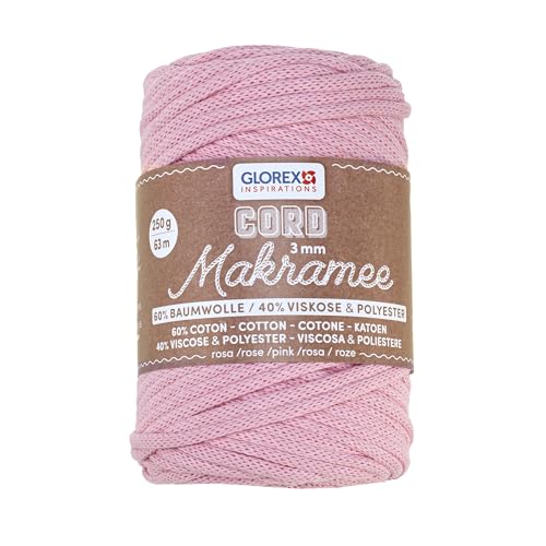 GLOREX 5 1006 30 - Makramee Cord 3 mm, 250 g, Rosa, Länge 63 m, gewebtes Textilgarn, 60 % Baumwolle, 40 % Viskose und Polyester, zum Häkeln, Stricken, Knüpfen und Gestalten GLOREX 5 1006 30 - Makramee Cord 3 mm, 250 g, Rosa, Länge 63 m, gewebtes Textilgarn, 60 % Baumwolle, 40 % Viskose und Polyester, zum Häkeln, Stricken, Knüpfen und Gestalten von GLOREX