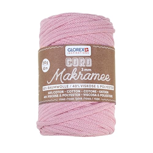 GLOREX 5 1006 30 - Makramee Cord 3 mm, 250 g, Rosa, Länge 63 m, gewebtes Textilgarn, 60 % Baumwolle, 40 % Viskose und Polyester, zum Häkeln, Stricken, Knüpfen und Gestalten von Glorex