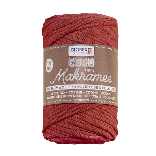 GLOREX 5 1006 32 - Makramee Cord 3 mm, 250 g, Terracotta, Länge 63 m, gewebtes Textilgarn, 60 % Baumwolle, 40 % Viskose und Polyester, zum Häkeln, Stricken, Knüpfen und Gestalten von Glorex