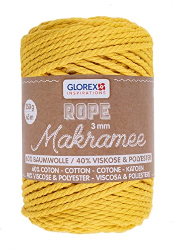 GLOREX 5 1007 07 - Makramee Rope, 250 g, 3 mm, Länge 63 m, senfgelb, dreifachgedrehtes Baumwollgarn, 60 % Baumwolle, 40 % Viskose und Polyester, zum Häkeln, Stricken, Knüpfen und Gestalten von Glorex