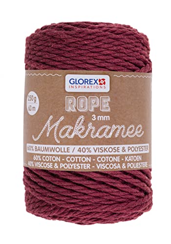 GLOREX 5 1007 08 - Makramee Rope, 250 g, 3 mm, Länge 63 m, bordeaux, dreifachgedrehtes Baumwollgarn, 60 % Baumwolle, 40 % Viskose und Polyester, zum Häkeln, Stricken, Knüpfen und Gestalten von Glorex