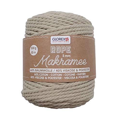 GLOREX 5 1007 12 - Makramee Rope 5 mm, superweiches Textilgarn aus 60 % Baumwolle / 40 % Viskose, zum Häkeln, Stricken, Knüpfen und textilen Gestalten, 500 g, ca. 85 m, gedreht taupe GLOREX 5 1007 12 - Makramee Rope 5 mm, superweiches Textilgarn aus 60 % Baumwolle / 40 % Viskose, zum Häkeln, Stricken, Knüpfen und textilen Gestalten, 500 g, ca. 85 m, gedreht taupe von GLOREX