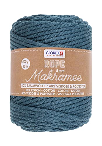 GLOREX 5 1007 19 - Makramee Rope, 500 g, 5 mm, Länge 85 m, türkis, dreifachgedrehtes Baumwollgarn, 60 % Baumwolle, 40 % Viskose und Polyester, zum Häkeln, Stricken, Knüpfen und Gestalten von Glorex