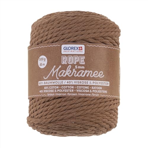 GLOREX 5 1007 21 - Makramee Rope 5 mm, 500 g, Braun, Länge 85 m, superweiches Textilgarn aus 60 % Baumwolle, 40 % Viskose, zum Häkeln, Stricken, Knüpfen und textilen Gestalten von Glorex