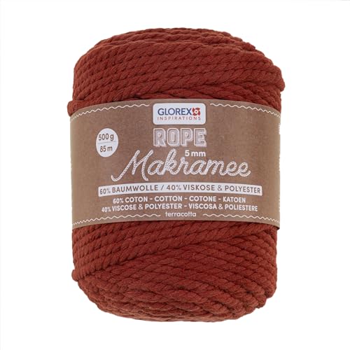 GLOREX 5 1007 22 - Makramee Rope 5 mm, 500 g, Terracotta, Länge 85 m, superweiches Textilgarn aus 60 % Baumwolle, 40 % Viskose, zum Häkeln, Stricken, Knüpfen und textilen Gestalten GLOREX 5 1007 22 - Makramee Rope 5 mm, 500 g, Terracotta, Länge 85 m, superweiches Textilgarn aus 60 % Baumwolle, 40 % Viskose, zum Häkeln, Stricken, Knüpfen und textilen Gestalten von GLOREX