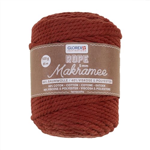 GLOREX 5 1007 22 - Makramee Rope 5 mm, 500 g, Terracotta, Länge 85 m, superweiches Textilgarn aus 60 % Baumwolle, 40 % Viskose, zum Häkeln, Stricken, Knüpfen und textilen Gestalten von Glorex