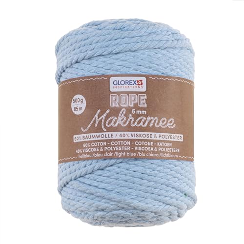 GLOREX 5 1007 23 - Makramee Rope 5 mm, 500 g, Hellblau, Länge 85 m, superweiches Textilgarn aus 60 % Baumwolle, 40 % Viskose, zum Häkeln, Stricken, Knüpfen und textilen Gestalten GLOREX 5 1007 23 - Makramee Rope 5 mm, 500 g, Hellblau, Länge 85 m, superweiches Textilgarn aus 60 % Baumwolle, 40 % Viskose, zum Häkeln, Stricken, Knüpfen und textilen Gestalten von GLOREX