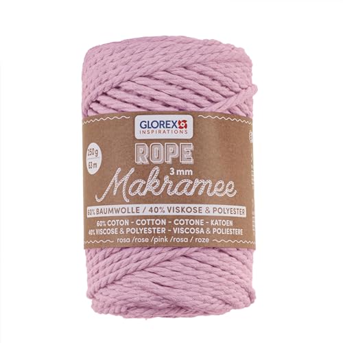 GLOREX 5 1007 30 - Makramee Rope 3 mm, 250 g, Rosa, Länge 63 m, gedreht, superweiches Textilgarn aus 60 % Baumwolle, 40 % Viskose, zum Häkeln, Stricken, Knüpfen und textilen Gestalten von Glorex