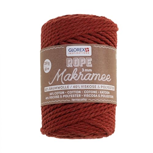 GLOREX 5 1007 32 - Makramee Rope 3 mm, 250 g, Terracotta, Länge 63 m, gedreht, superweiches Textilgarn aus 60 % Baumwolle, 40 % Viskose, zum Häkeln, Stricken, Knüpfen und textilen Gestalten GLOREX 5 1007 32 - Makramee Rope 3 mm, 250 g, Terracotta, Länge 63 m, gedreht, superweiches Textilgarn aus 60 % Baumwolle, 40 % Viskose, zum Häkeln, Stricken, Knüpfen und textilen Gestalten von GLOREX