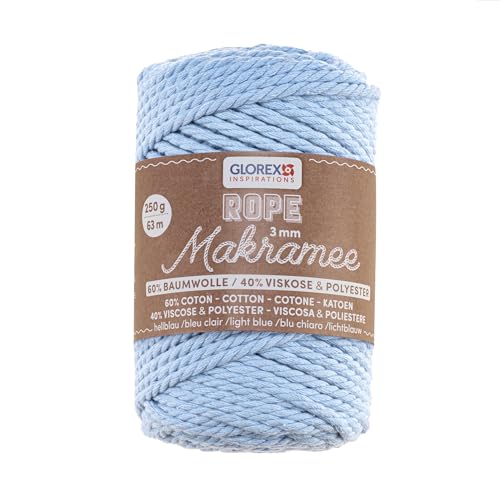 GLOREX 5 1007 33 - Makramee Rope 3 mm, 250 g, Hellblau, Länge 63 m, gedreht, superweiches Textilgarn aus 60 % Baumwolle, 40 % Viskose, zum Häkeln, Stricken, Knüpfen und textilen Gestalten von Glorex