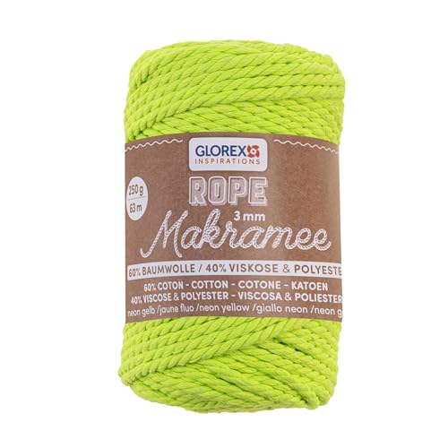 GLOREX 5 1007 34 - Makramee Rope 3 mm, 250 g, Neon Gelb, Länge 63 m, gedreht, superweiches Textilgarn aus 60 % Baumwolle, 40 % Viskose, zum Häkeln, Stricken, Knüpfen und textilen Gestalten GLOREX 5 1007 34 - Makramee Rope 3 mm, 250 g, Neon Gelb, Länge 63 m, gedreht, superweiches Textilgarn aus 60 % Baumwolle, 40 % Viskose, zum Häkeln, Stricken, Knüpfen und textilen Gestalten von GLOREX