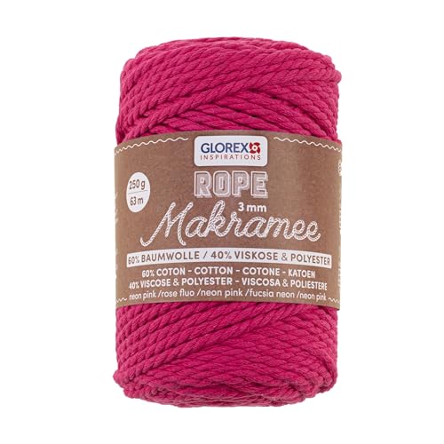 GLOREX 5 1007 36 - Makramee Rope 3 mm, 250 g, Neon Pink, Länge 63 m, gedreht, superweiches Textilgarn aus 60 % Baumwolle, 40 % Viskose, zum Häkeln, Stricken, Knüpfen und textilen Gestalten GLOREX 5 1007 36 - Makramee Rope 3 mm, 250 g, Neon Pink, Länge 63 m, gedreht, superweiches Textilgarn aus 60 % Baumwolle, 40 % Viskose, zum Häkeln, Stricken, Knüpfen und textilen Gestalten von GLOREX