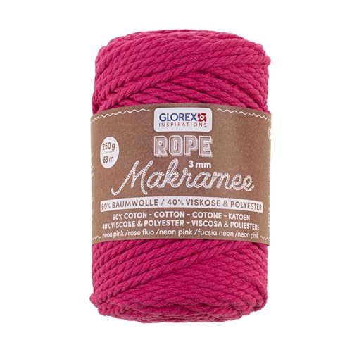 GLOREX 5 1007 36 - Makramee Rope 3 mm, 250 g, Neon Pink, Länge 63 m, gedreht, superweiches Textilgarn aus 60 % Baumwolle, 40 % Viskose, zum Häkeln, Stricken, Knüpfen und textilen Gestalten von Glorex