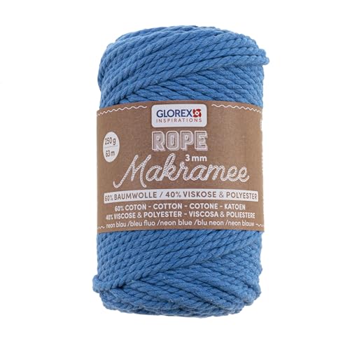 GLOREX 5 1007 38 - Makramee Rope 3 mm, 250 g, Neon Blau, Länge 63 m, gedreht, superweiches Textilgarn aus 60 % Baumwolle, 40 % Viskose, zum Häkeln, Stricken, Knüpfen und textilen Gestalten von Glorex