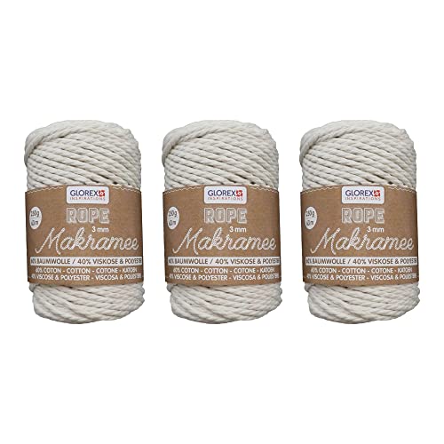 GLOREX 5 1007 50 - 3er Set Makramee Rope aus 60 % Baumwolle & 40 % Viskose/Polyester, je 250 g in Creme, 3 mm dreifach gedrehtes Baumwollgarn von Glorex