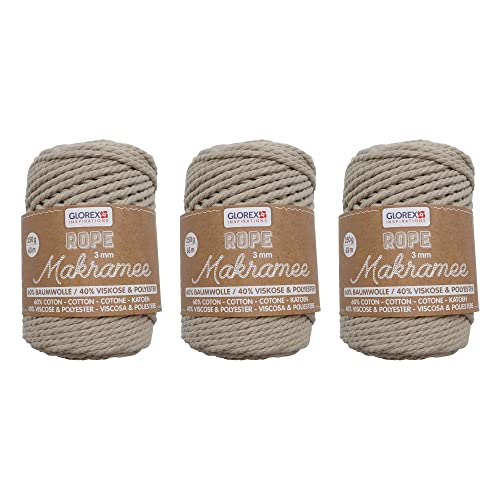 GLOREX 5 1007 51 - 3er Set Makramee Rope aus 60 % Baumwolle & 40 % Viskose/Polyester, je 250 g in Taube, 3 mm dreifach gedrehtes Baumwollgarn von GLOREX