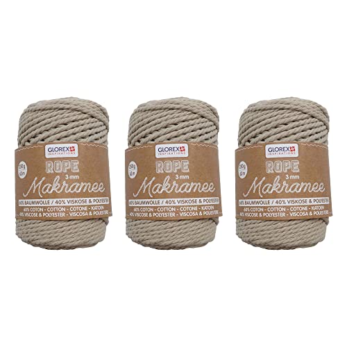 GLOREX 5 1007 51 - 3er Set Makramee Rope aus 60 % Baumwolle & 40 % Viskose/Polyester, je 250 g in Taube, 3 mm dreifach gedrehtes Baumwollgarn von Glorex